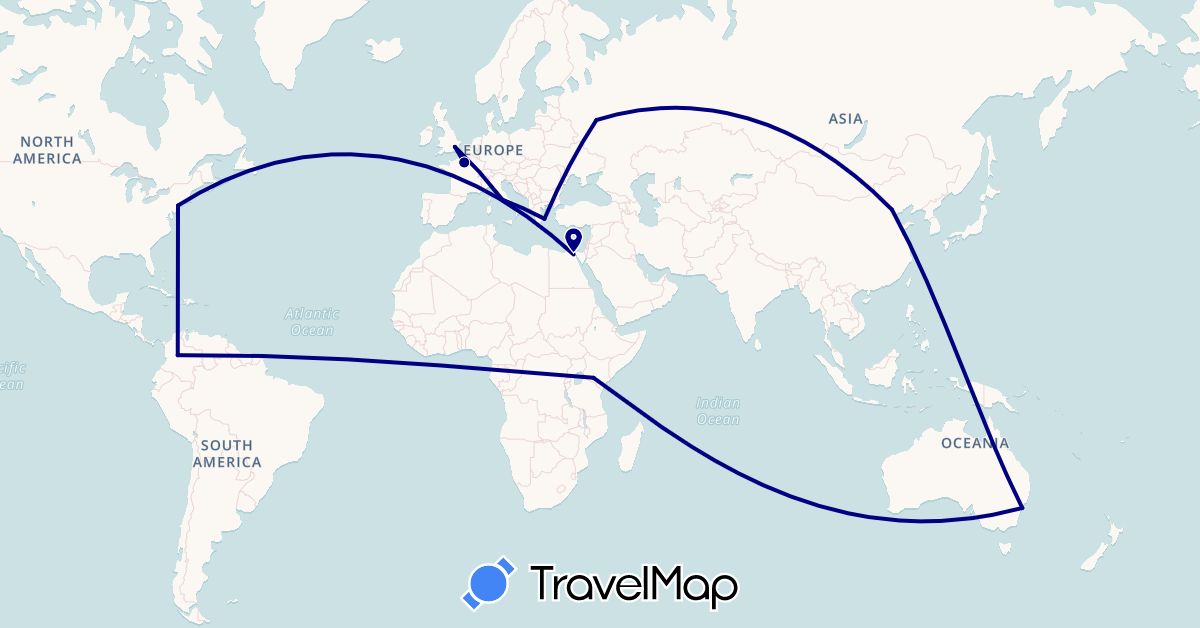 TravelMap itinerary: driving in Australia, China, Colombia, Egypt, France, United Kingdom, Greece, Italy, Kenya, Russia, United States (Africa, Asia, Europe, North America, Oceania, South America)
